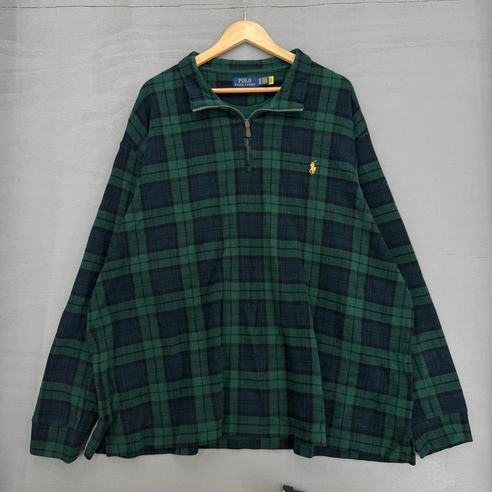 Polo Ralph Lauren Quarter Zip Pullover Green Black Plaid Knit Cotton Sweater 3XB